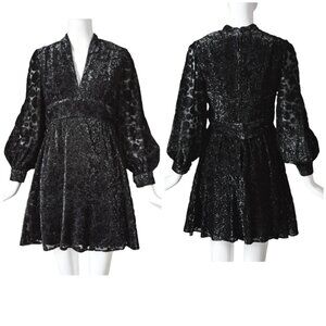 Jayna‎ Vtg  Black Metallic Deep V Neck Party Dress Brocade Bishop Sleeve Size S